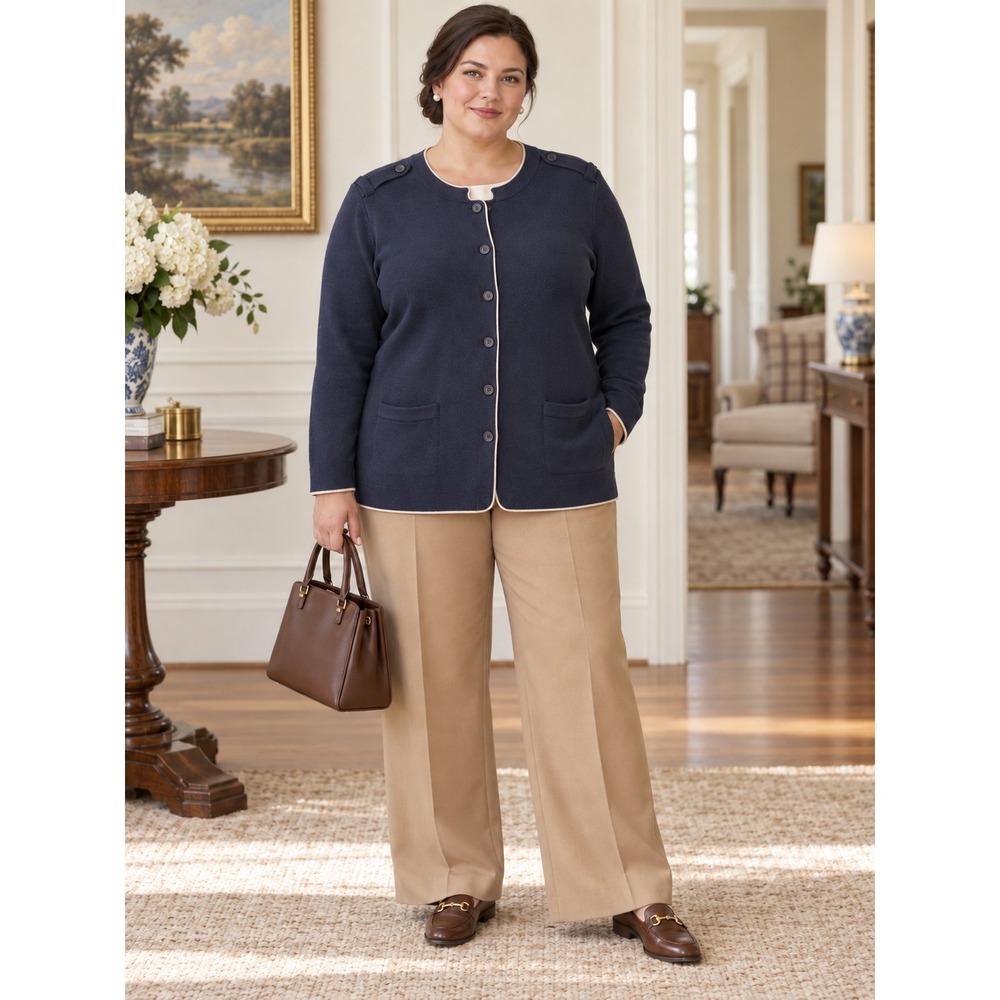 Old Money Quite Luxury Nautical Talbots NavyBlue White Trim 3X Cardigan Sweater